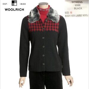 Woolrich Buffalo Plaid 100% Lambswool Cardigan  - Faux Fur Collar - Slimming